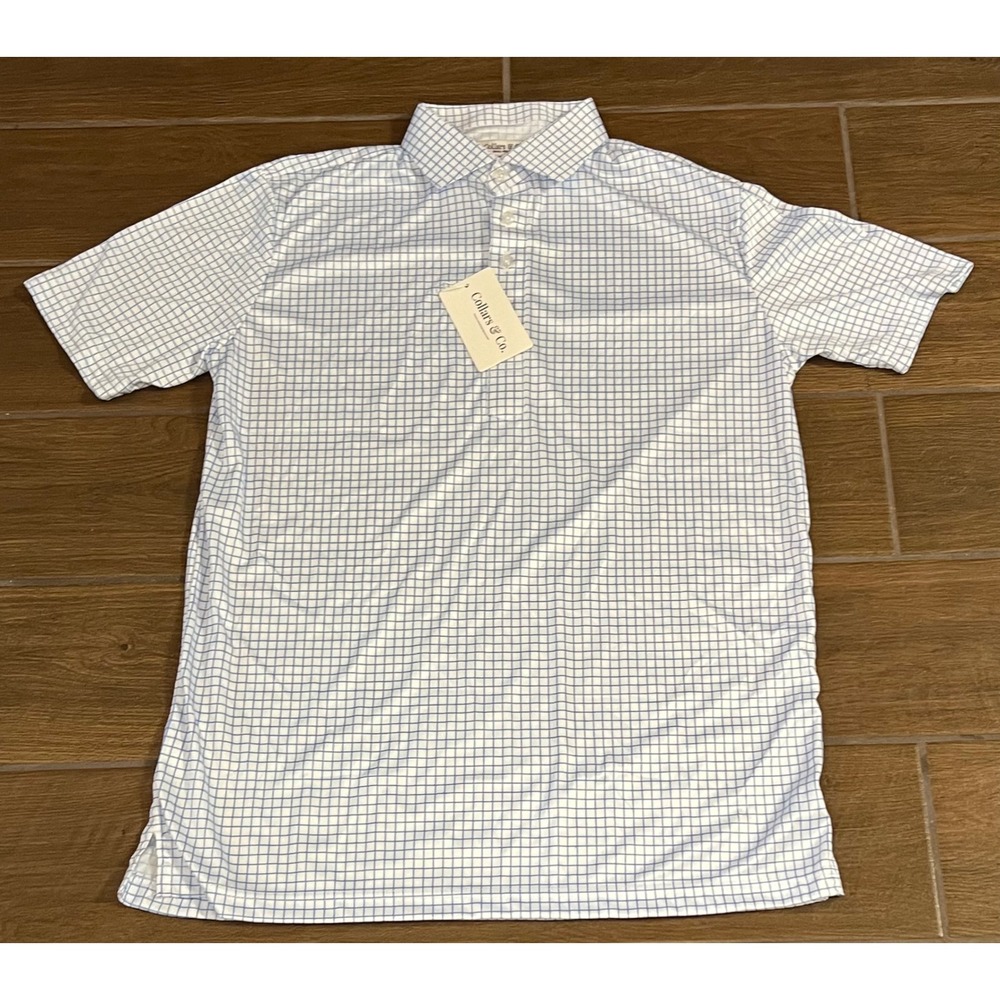 Collars & Co Mens Dress Collar Polo Small Relaxed White Blue Grid Check NWT
